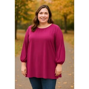 2/$30 Adrianna Papell Flutter Sleeve Top 2X Plus Women Pleated Fuchsia Blouse